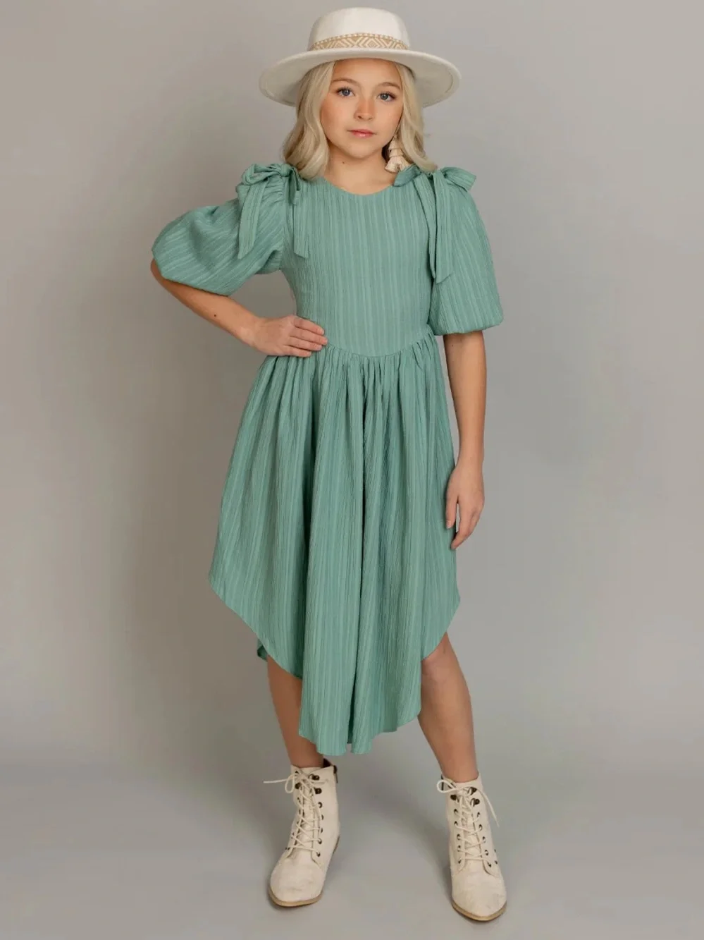 Joyfolie Mint Green Puff-Sleeve Dress with Shoulder Ties
